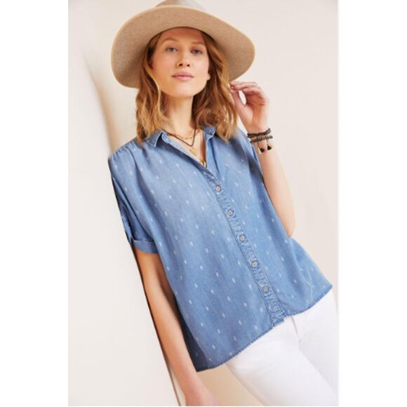 Anthropologie Cloth & Stone Chambray Button Down Shirt Blue Tencel Lace XS - Picture 1 of 5